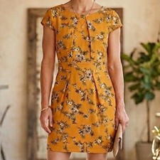 Red London Floral Fit Flare Pocket Dress Mustard Yellow Medium Retro Cottagecore