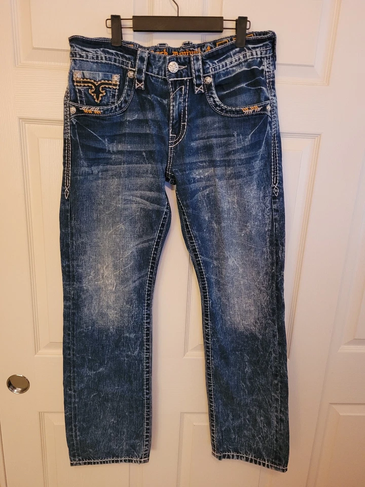 Rock Revival Jeans Mens 33x32 Humpfrey Straight Blue Denim Flap Pockets - Image 2 of 4