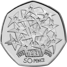 1998 European Union EU Stars 50p Coin - 25th Anniversary 1973 - 1998, Circulated