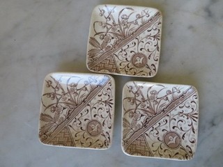 3 Vintage SQUARE WHITE Ironstone BUTTER PATS Brown Transferware CRAZED STAINED