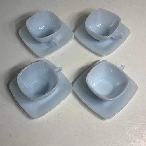 Vintage Anchor Hocking Fire King Azurite Blue Charm Square Cup & Saucer set of 4