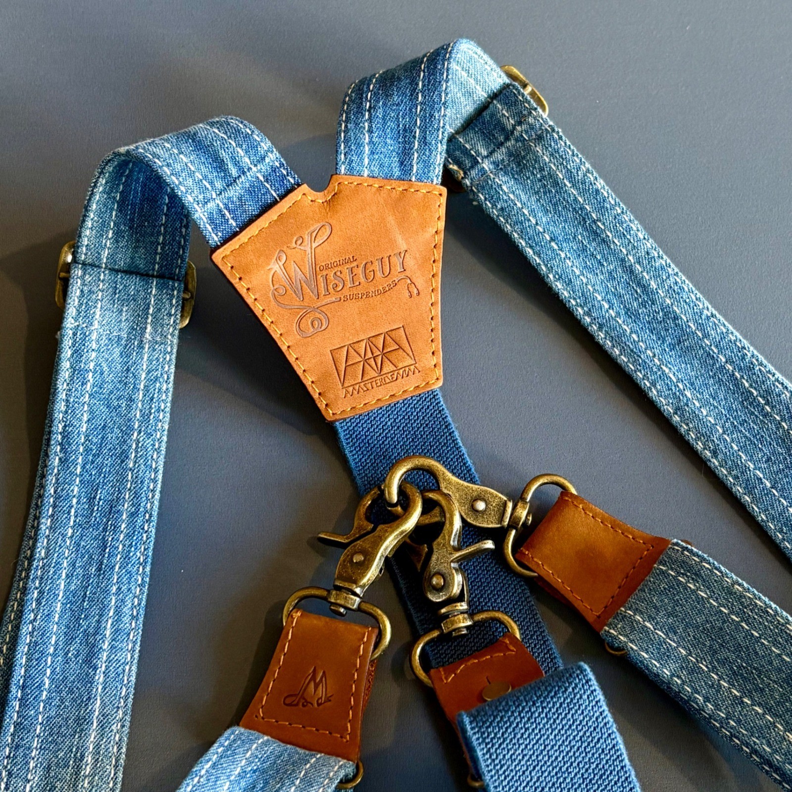 Wiseguy Original Suspenders Mens Denim | ONE SIZE | Leather Y-Back Brass Hooks
