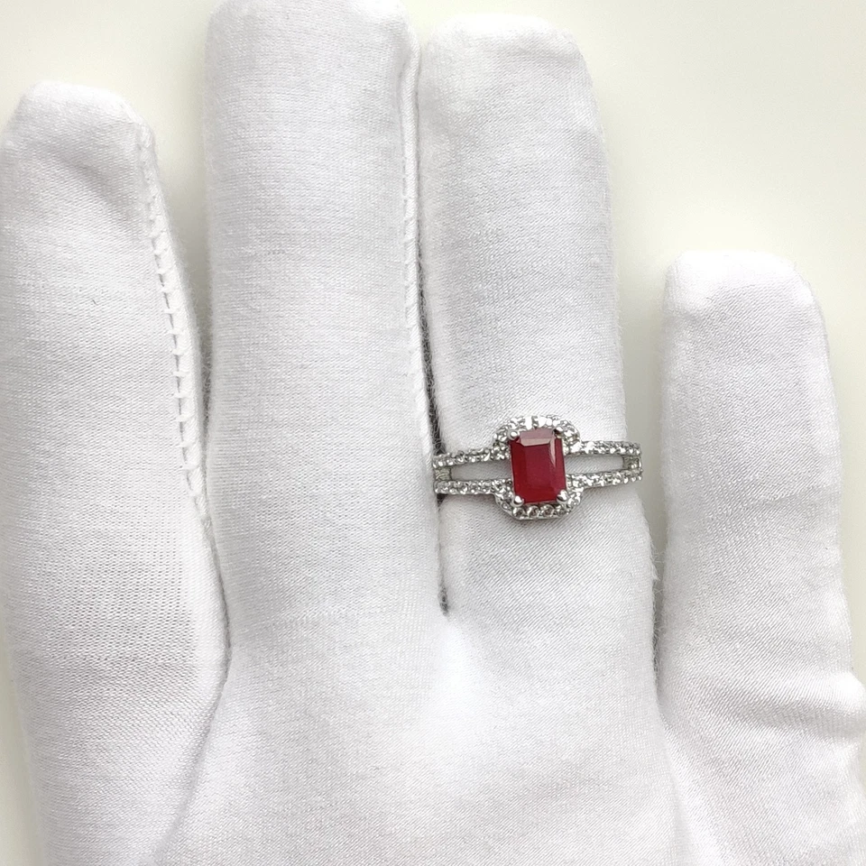 Ruby Engagement Ring Emerald Cut Red Gemstone with Diamond Halo 925 Silver Gift - Image 4 of 4
