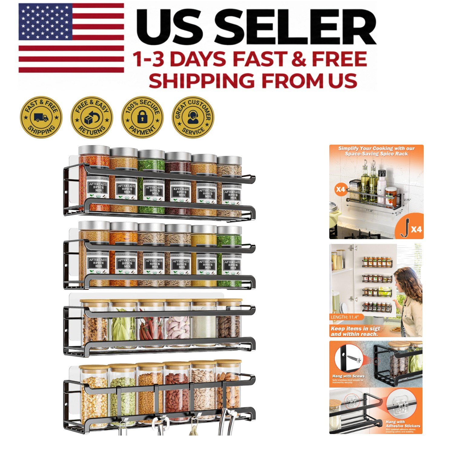 Wall Mounted Spice Rack Organizer 4 Pack, Space Saving Kitchen Storage