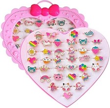 36Pcs Children Kids Little Girl Adjustable Jewelry Rings in Box Girl Pretend Pla