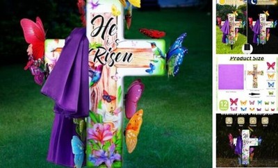  Lighted Solar Cross for Easter Outdoor Decorations, He is Risen Easter Bright