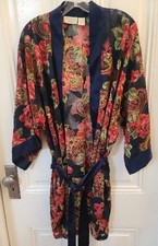 Vintage Victoria's Secret Kimono Robe Floral Belted One Size Navy Trim