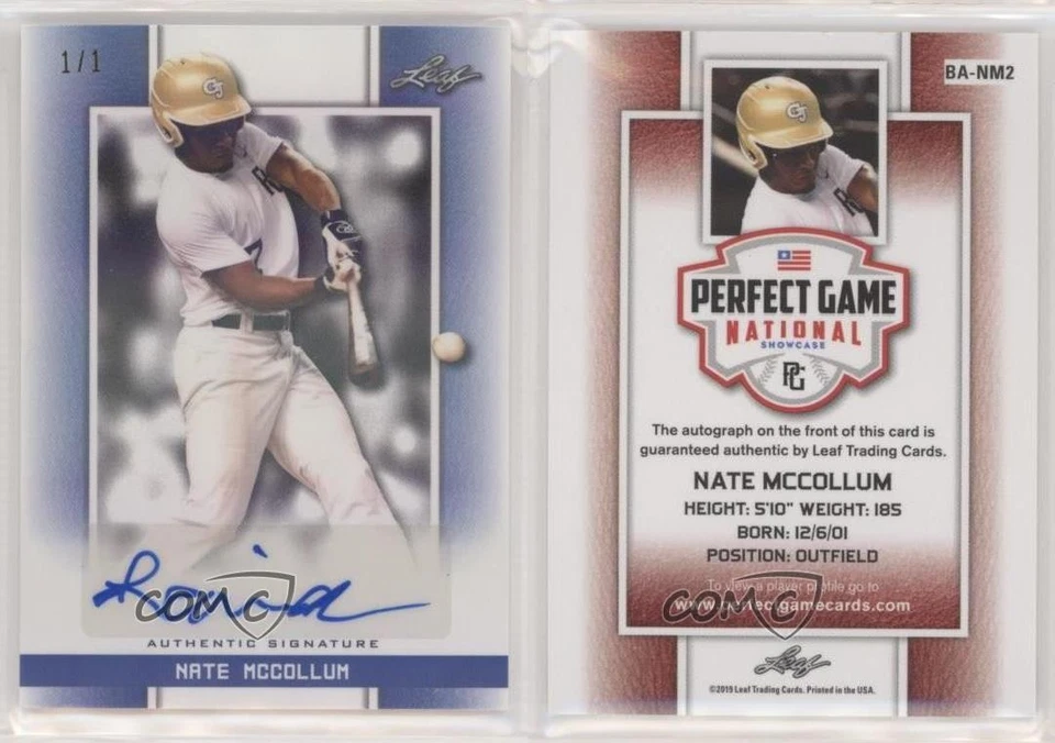 2019 Leaf Perfect Game National Showcase Blue Shimmer 1/1 Nate McCollum Auto nd3 - Image 3 of 3