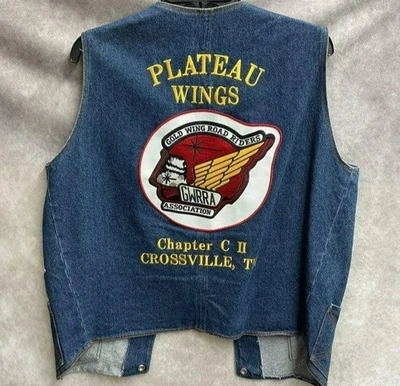 VINTAGE 1990S MOTORCYCLE BIKE "PLATEAU WINGS" BIKER DENIM VEST SIZE: LARGE - Image 1 of 3