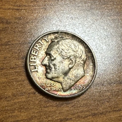 1955-S Roosevelt Silver Dime Gem Uncirculated Rainbow Toning