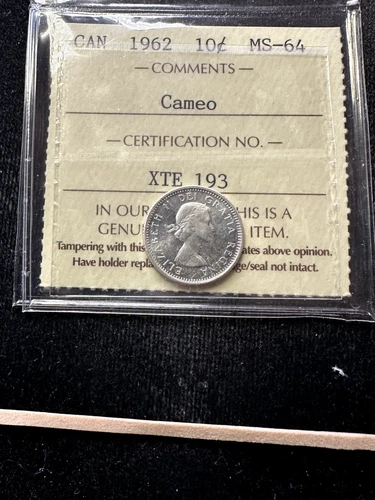 1962  ICCS Graded Canadian,  ¢10  Cent, **MS-64 Cameo** # XTE 193