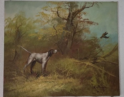 Ölgemälde Jagdmotiv G. Perna – Vorstehhund & Fasan – Vintage Öl auf Leinwand - Bild 1 von 2