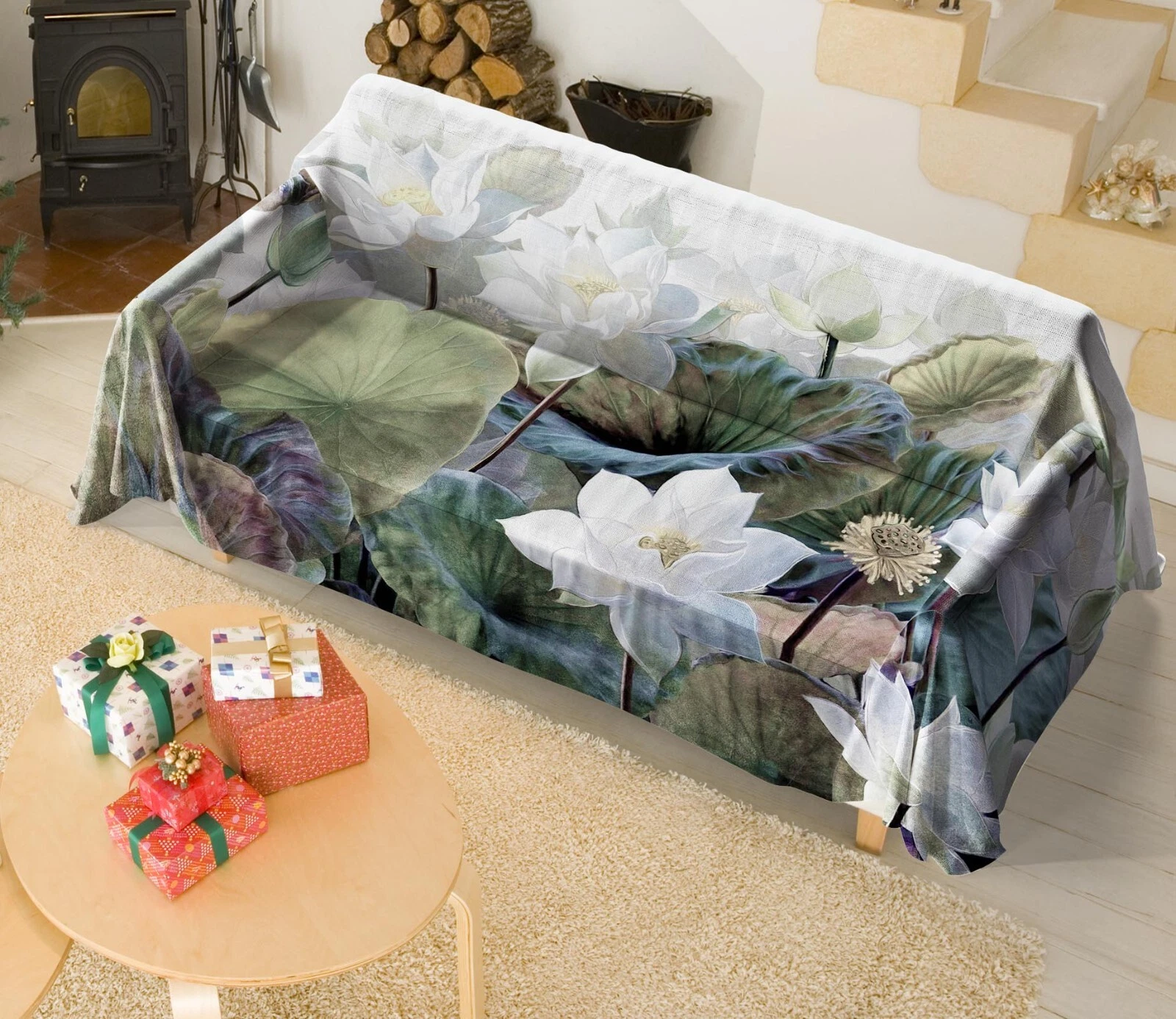 3D White Lotus N2702 Sofa Cover High Stretch Lounge Slipcover Protector Couch