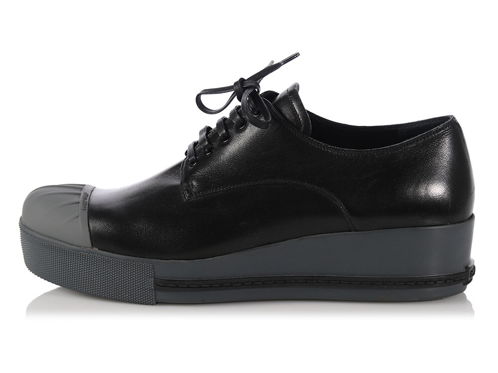 Miu Miu Black Leather Platform sneakere with metal cap toe Miu Miu Metal Cap Toe Tie Bow Black Leather Slip On Sneaker  main image 4