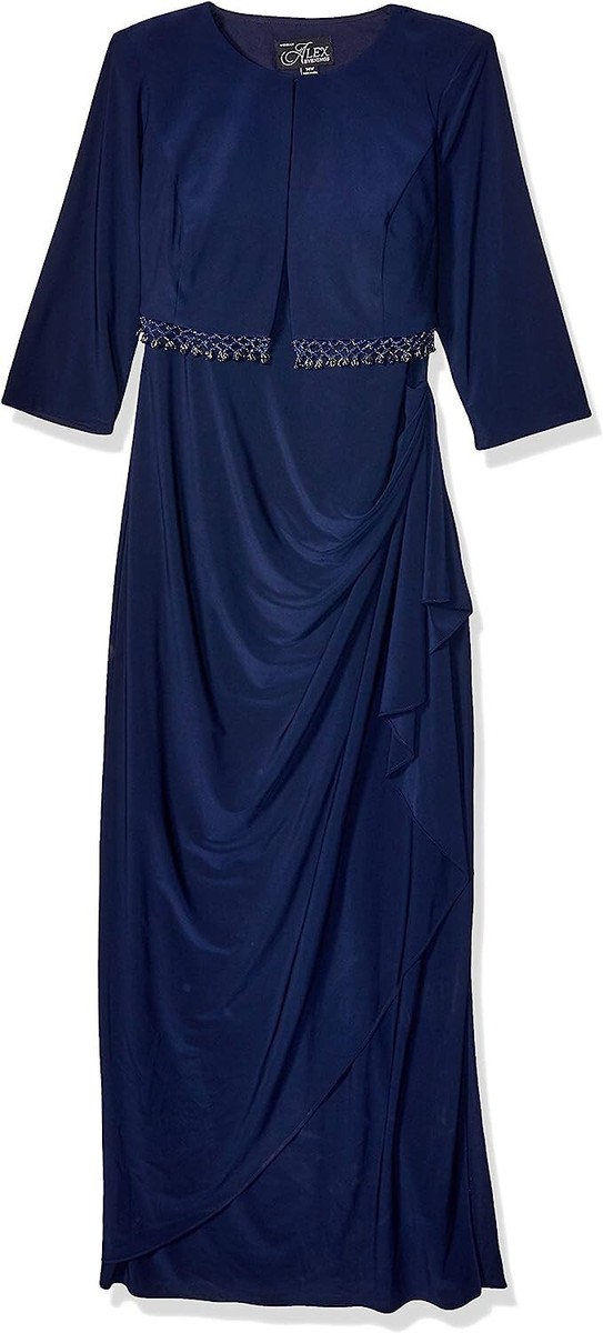 NWT $260 16W ALEX EVENINGS Navy Beaded Bolero Jacket Dress with Side Ruched  skir | eBay