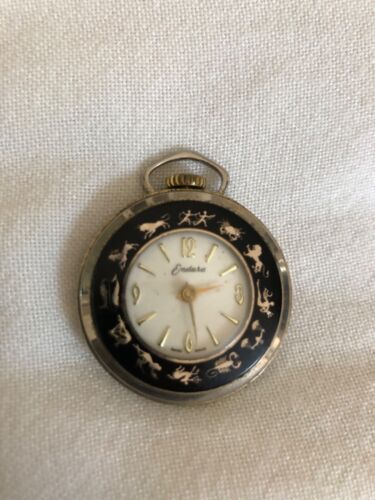 VTG Swiss Made Endura silver Tone Black Enamel Zodiac Pocket Watch