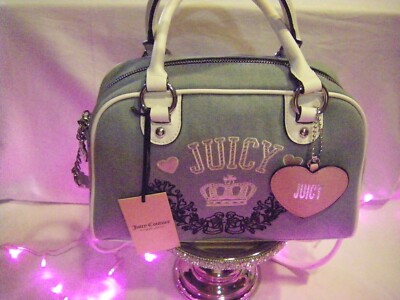 Juicy Couture Denim Satchel Crossbody Bag Pink Heart Charm Logo