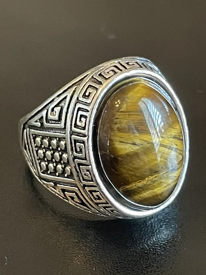 Anillo llamativo enchapado en plata con piedra ojo de tigre S925 para hombre y mujer talla 8,75 Foto 2 de 4