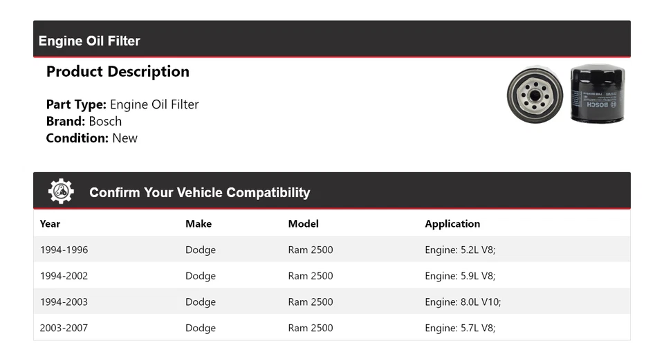 Масляный фильтр двигателя Bosch для Dodge Ram 2500 1994-2007 годов выпуска 1995 1996 1997 1998 1999 годов выпуска - Изображение 2 из 3