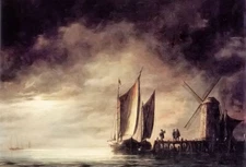 Oil painting aelbert cuyp - dordrecht harbour by moonlight & sail boats canvas