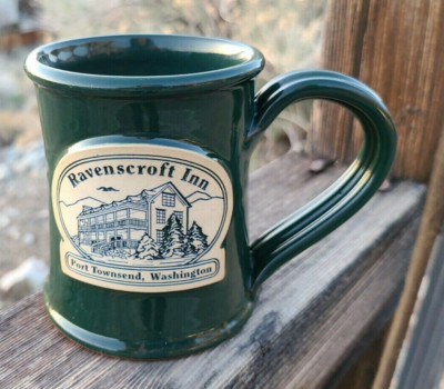 DENEEN POTTERY Coffee Mug Ravenscroft Inn Washington Hand Made  Dk Green 8 oz