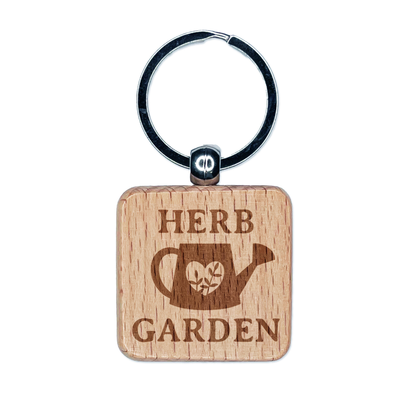 Herb Garden Watering Can Engraved Wood Square Keychain Tag Charm