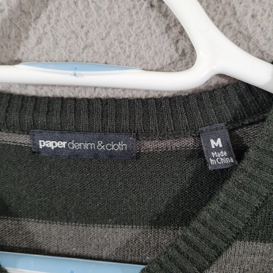 纸牛仔布毛衣男式中号灰色条纹 V 领经典学院风 — 第 2/4 张图片