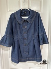 Eden Court Small 3/4 Sleeve Denim Peplum Jacket Blue With Gold Threading Euc