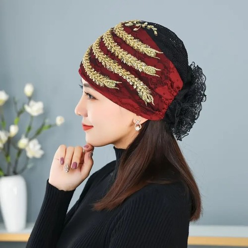 Gorro rojo con cuentas doradas transpirable envoltura para la cabeza y gorra de quimioterapia para mujeres y niñas - Imagen 12 de 15