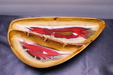 Vintage MCM California Pottery Large Ashtray Boomerang Drip Glaze Red Gold