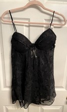 Vtg CINEMA ETOILE Black Lace Nightgown Babydoll Jacquard L Matching Thong NWT