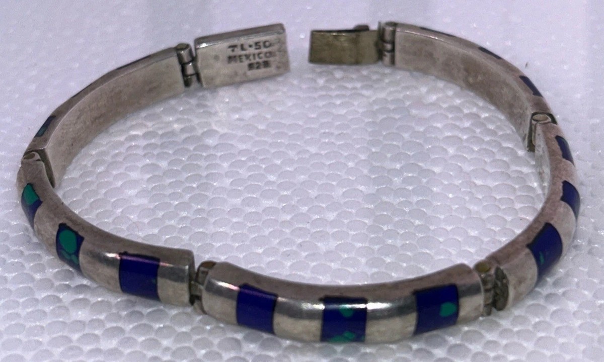 Rare Vintage Taxco Mexico 925 Silver Blue Azurite Inlay Link