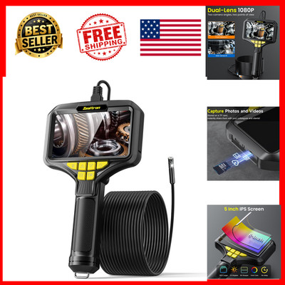 Dual Lens 1080P Borescope 5in IPS Screen 16.5ft Semi-Rigid IP67 8LED