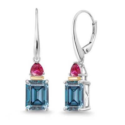 925 Silver and 10K Yellow Gold Earrings Persian Blue Moissanite and Created