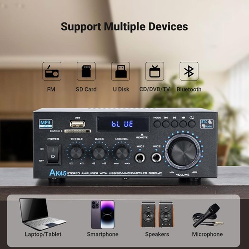 AK45 Audio Power Amplifier Bluetooth5.0 2-Channel HiFi Stereo For Home Theater - Picture 9 of 11