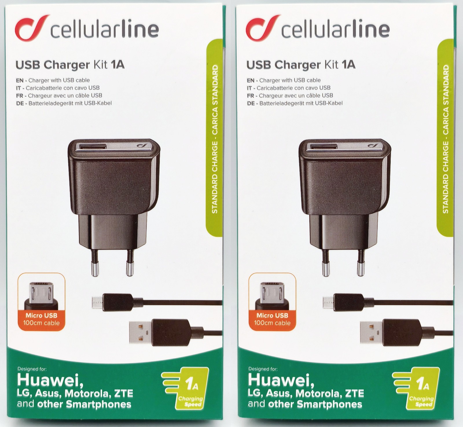2x Cellularline USB Charger Ladegerät Kit 1A 5W 1m Micro USB Daten Ladekabel