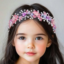 Pink Flower Girl Headpiece, Pearl Wedding Headband, Crystal Floral Hair Band