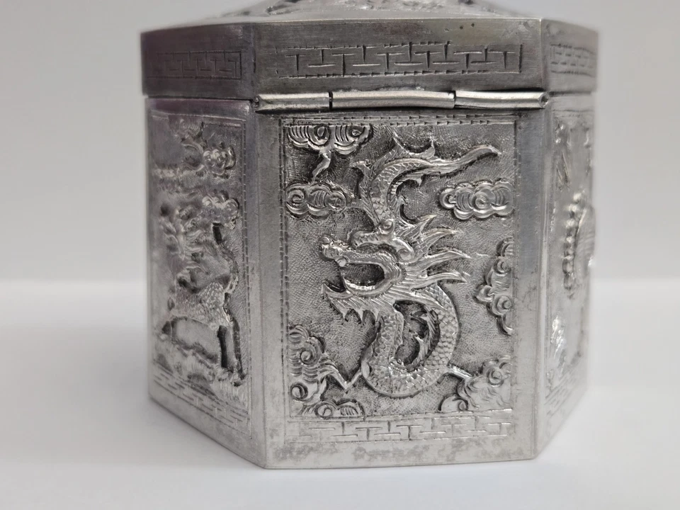 🔥Antiguo carrito de té chino asiático exportación plata esterlina caja nefrita jade regalo Foto 2 de 4