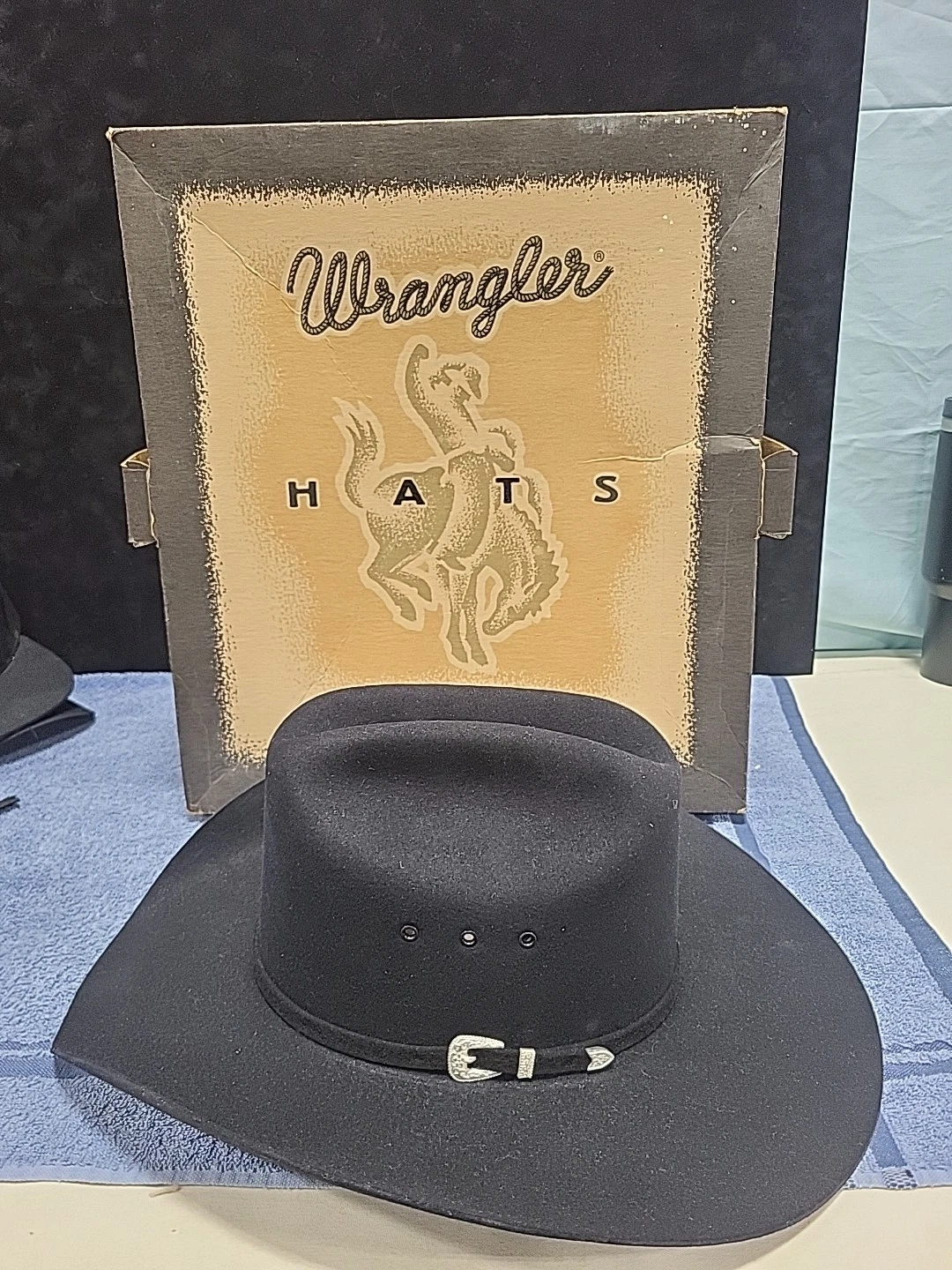 New Wrangler Sheepskin Leather 4X Beaver Black Cowboy Hat Size 7 1/4 Texas Made!