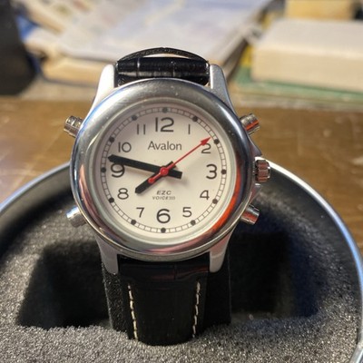 Men's Avalon EZC Vintage Talking Voice  Black Leather Strap Analog Watch in case