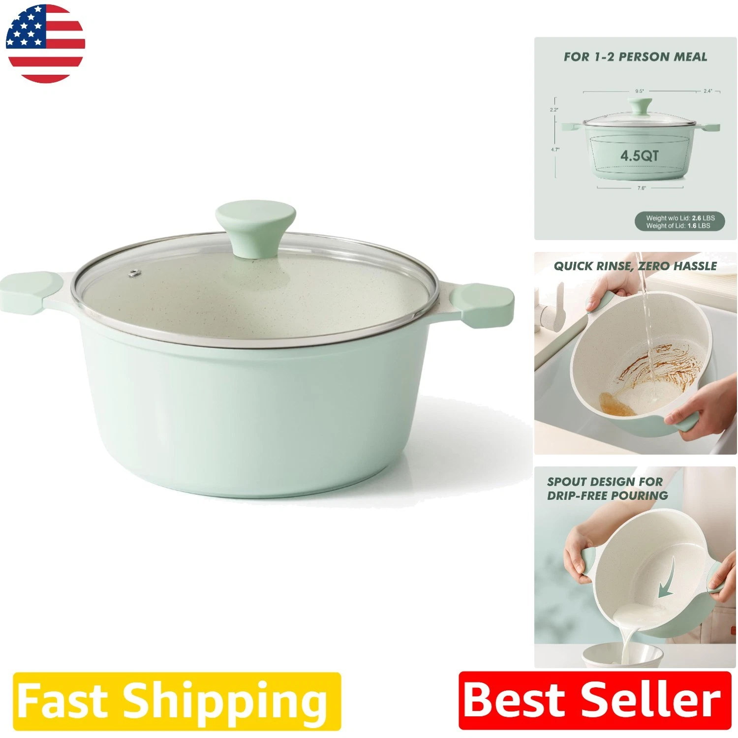 Ceramic Stock Pot 4.5 Qt Mint Green - Super Nonstick, Induction Ready, Healthy