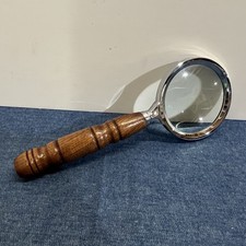 Vintage Magnifying Glass Round Chrome Wooden Handle Handheld Magnifier