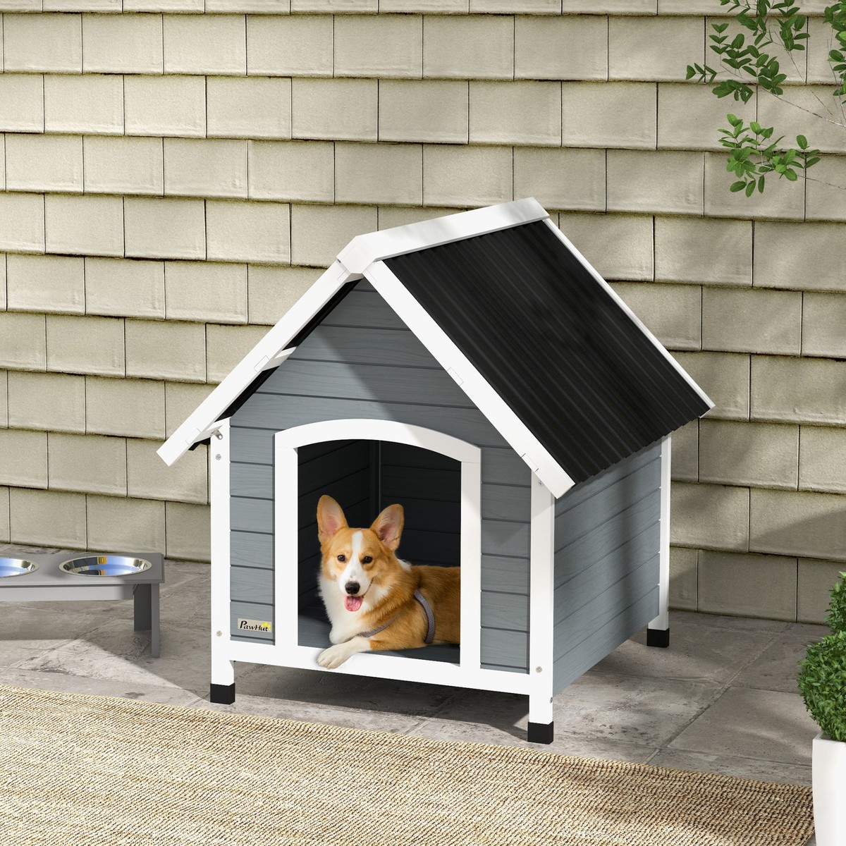 PawHut Dog Kennel Outdoor Dog House w/ Removable Floor, for Medium Dogs  Grey