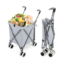 Goplus Folding Shopping Cart with Wheels, Grocery Cart with Removable Oxford ...