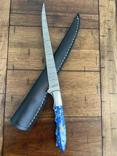 CUSTOM HANDMADE DAMASCUS RESIN HANDLE FLEXIBLE FILLET KNIFE WITH LEATHER SHEATH