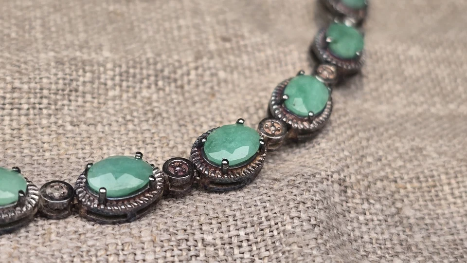 DSMK 925 Sterling Silver Bracelet Natural Emeralds & Diamonds India Marked - Image 2 of 4