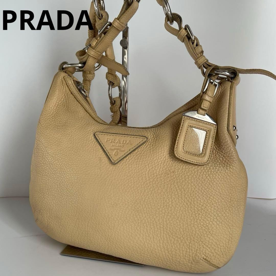 Item PRADA Shoulder Bag Half Moon Leather Beige White Tag