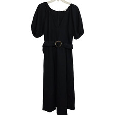 NWT LOFT Linen Blend Belted Puff Sleeve Dress Midi Black Boho Size 0