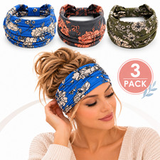3 Pack Floral Boho Headbands for Women Wide Stretchy Knotted Turban Hair Bands