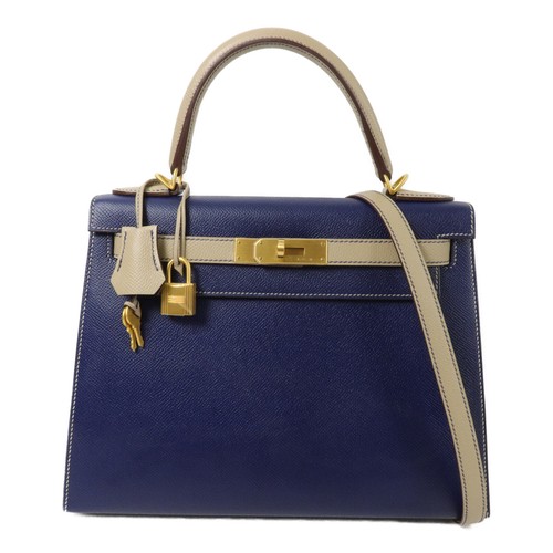 HERMES GHW Kelly 28 2 Way Shoulder Bag Veau Epsom Leather Blue Sapphire/Trench